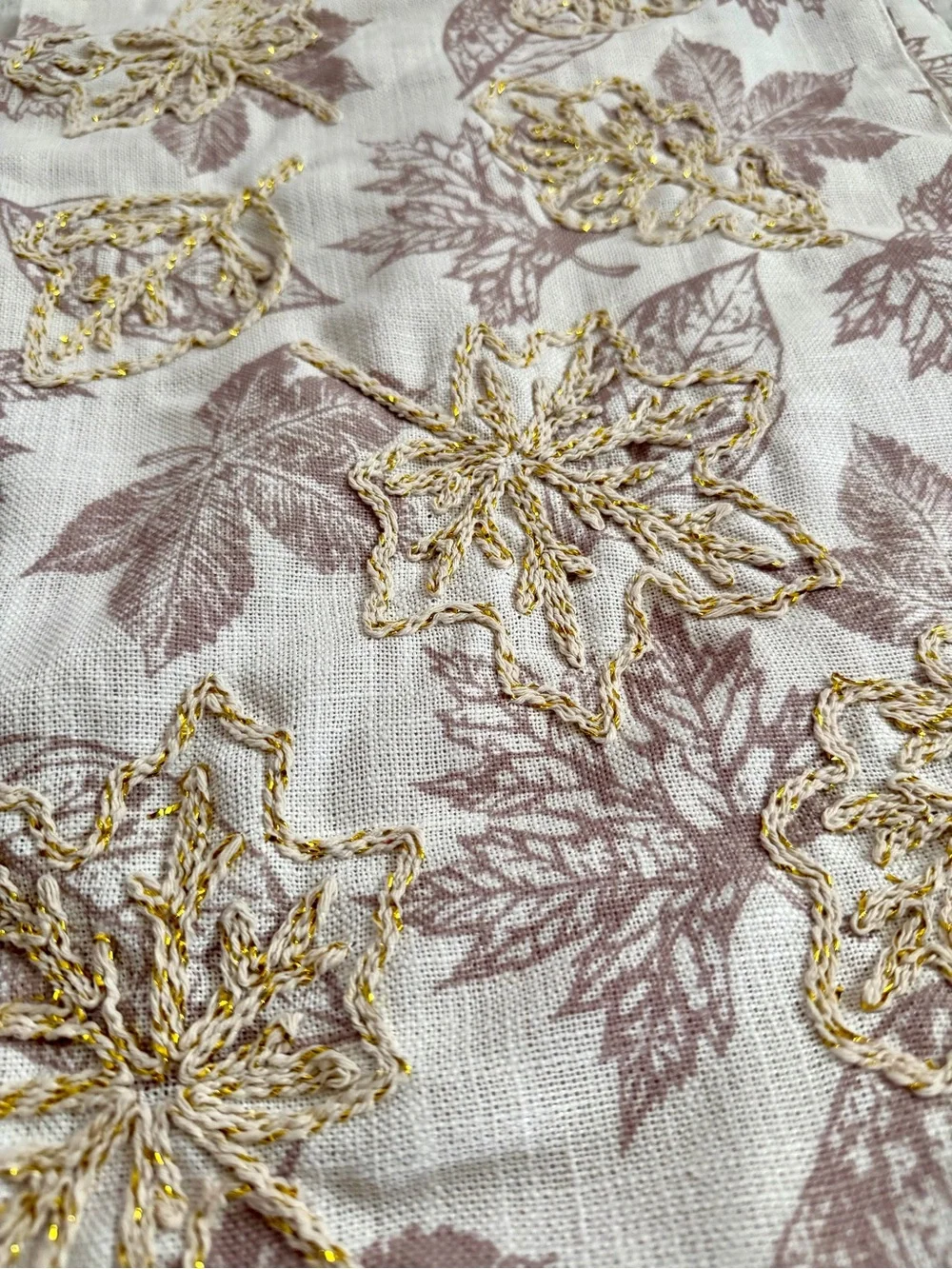 Embroidered Gold Metallic Autumn Maple Leaf Table Runner Linen Blend 70x14”